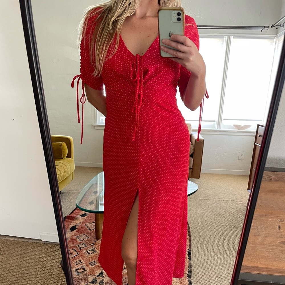Red and white polka dot Top Shop mid length dress